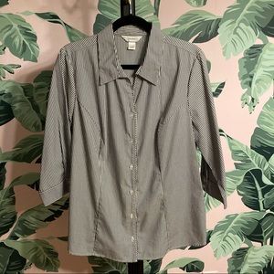 CJ Banks Black & White Stripe 1X Button Down Blouse with 3/4 Sleeves